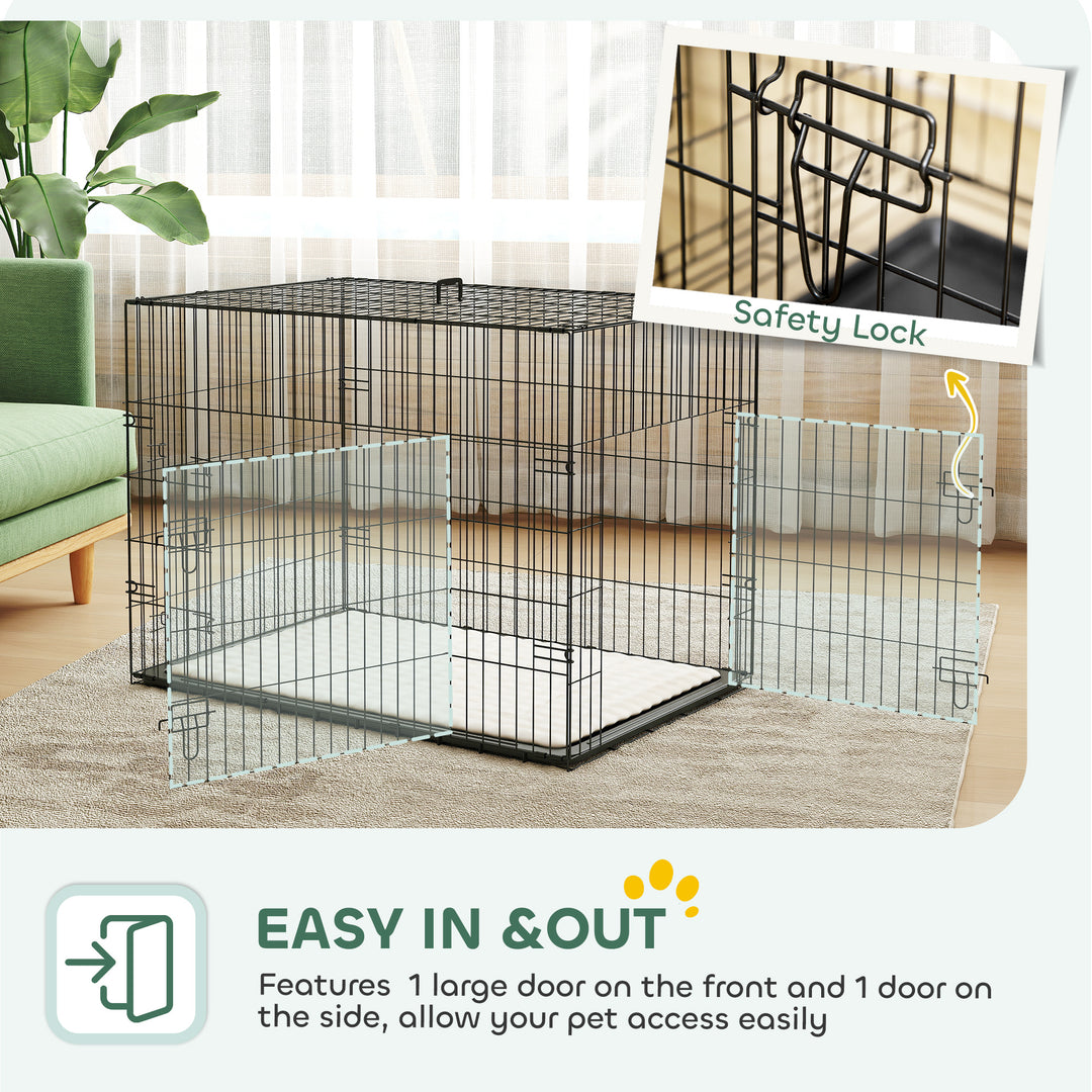 Foldable Dog Crate with 2 Doors with Tray, Soft Cushion, for Large Medium Dogs, 91 x 62 x 68, Black