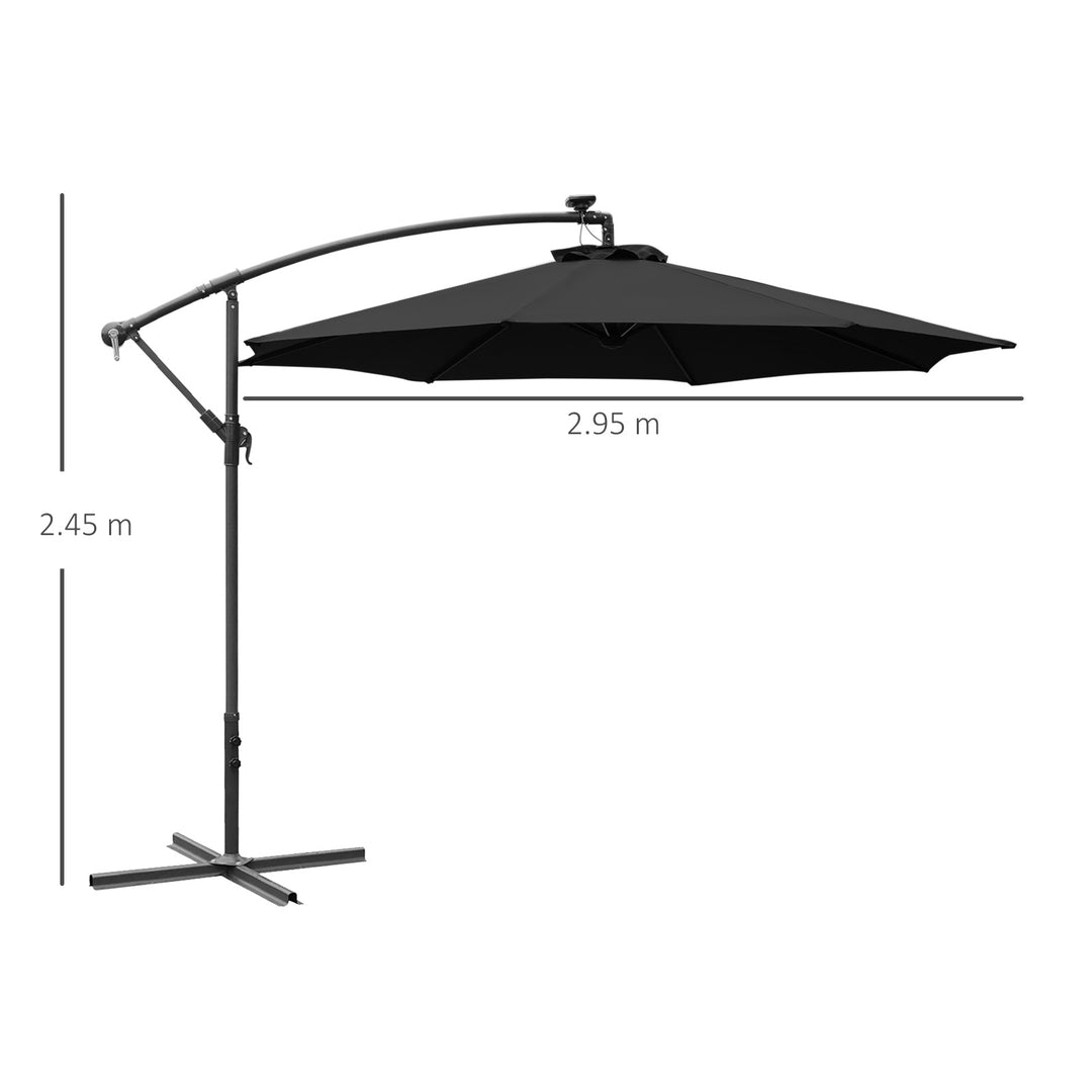 Outsunny 3(m) LED Banana Parasol Garden Cantilever Umbrella with Solar Lights, Crank Handle and Cross Base, Hanging Sun Shade, Black