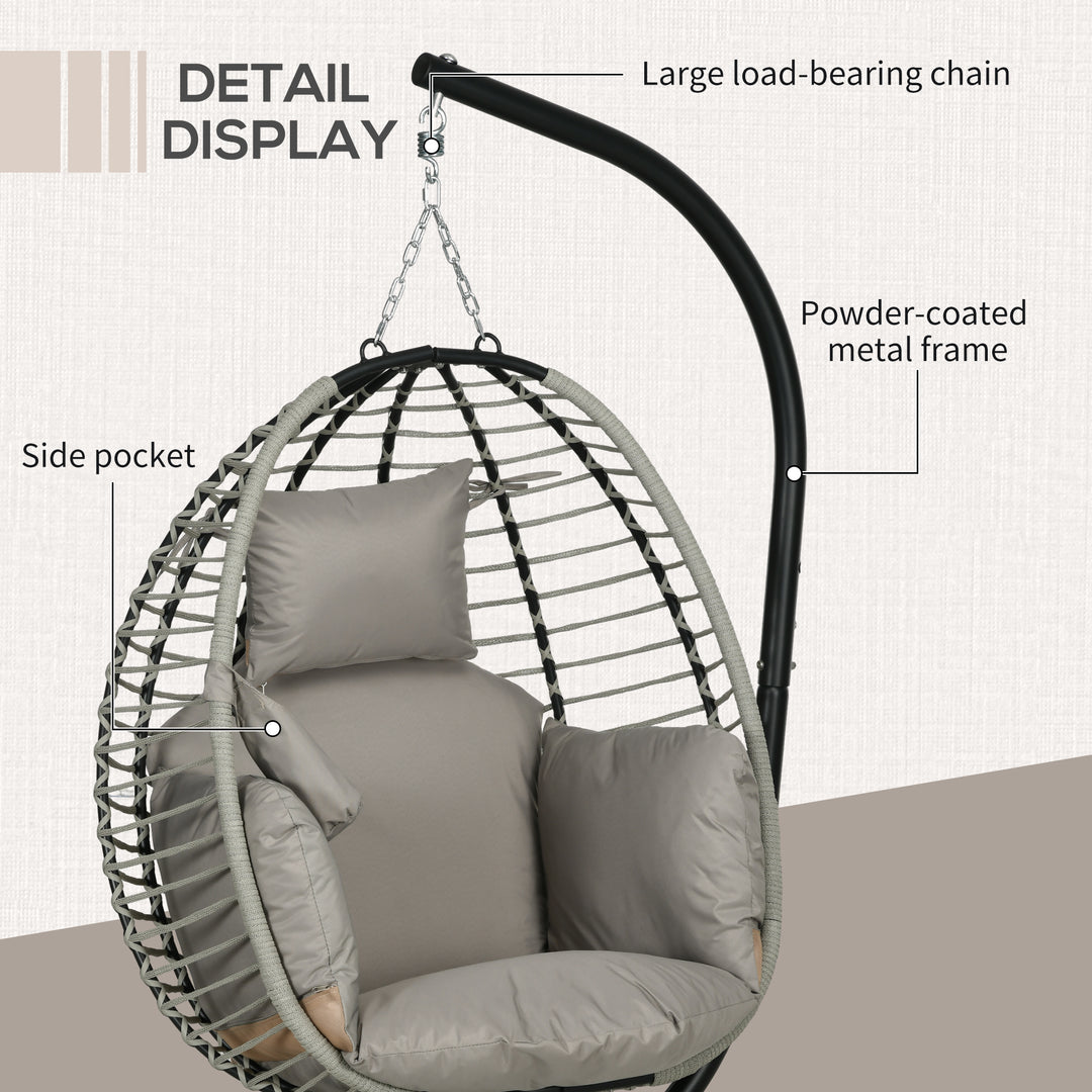 Single Rattan Hanging Egg Chair, with Seat Cushion - Grey