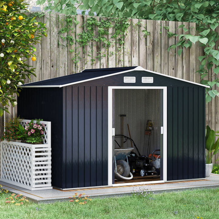 Outsunny 9 x 6FT Outdoor Garden Roofed Metal Storage Shed Tool Box with Foundation Ventilation & Doors, Dark Grey | Aosom UK