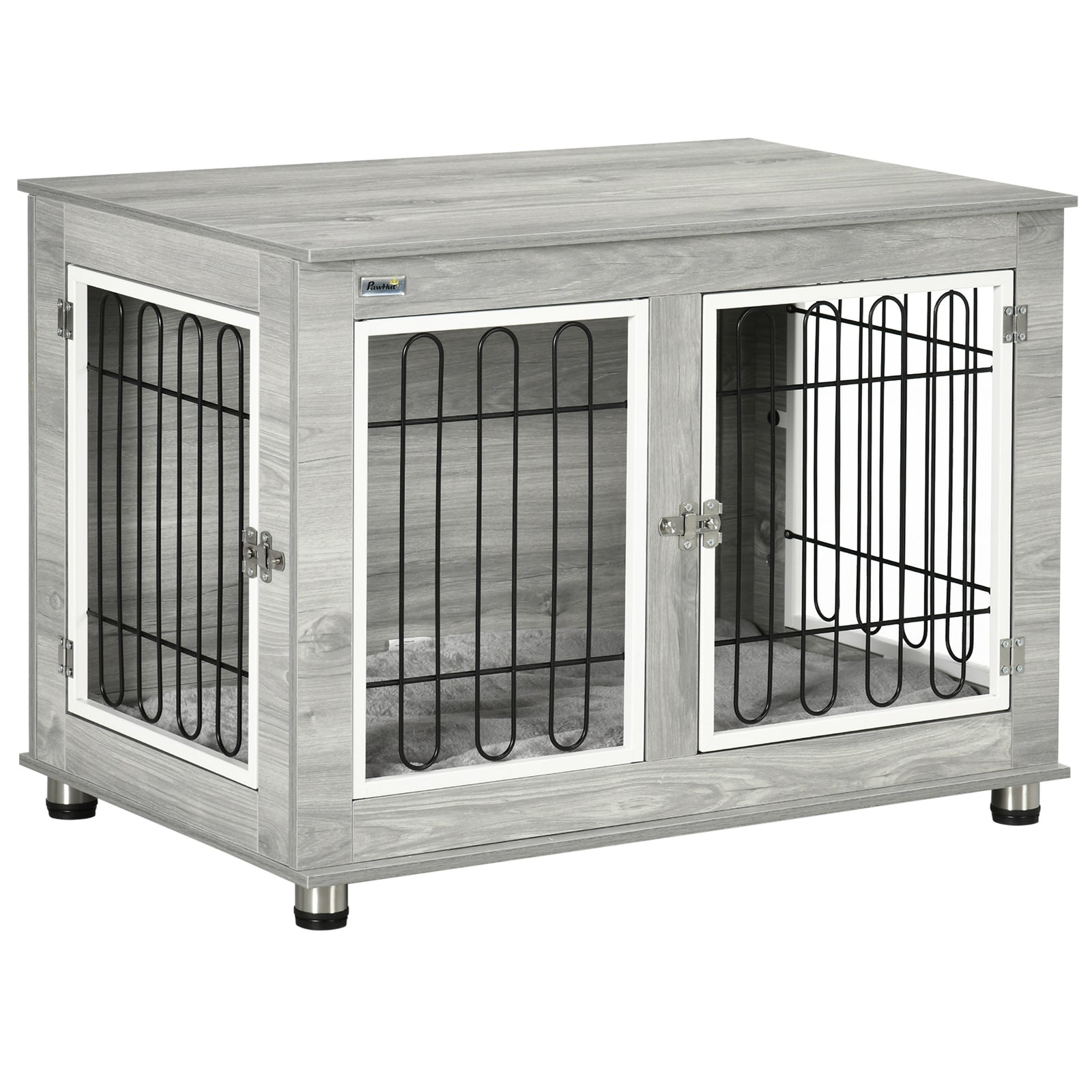 Dog Crate Furniture End Table, with Washable Cushion, Double Doors, for Medium/Large Dogs, Grey