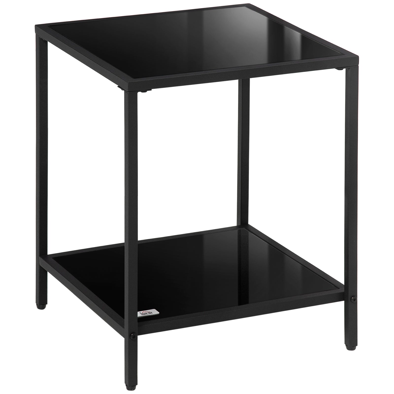 Tempered Glass Side Table with Storage, Modern 2-Tier Bedside Table with Steel Frame, Black