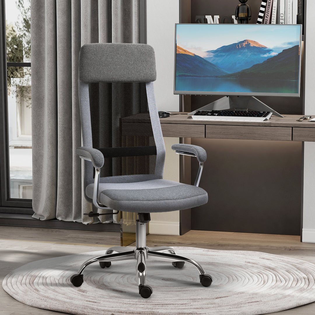 Office Chair, Ergonomic Desk Chair, High Back Computer Chair with Adjustable Height, Swivel Rolling Wheels, Mesh Back and Linen-Feel Fabric Seat for Home and Study, Grey