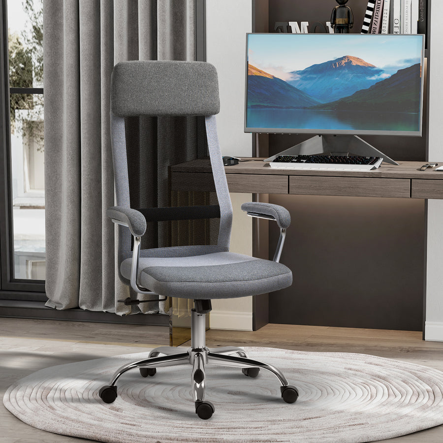 Office Chair, Ergonomic Desk Chair, High Back Computer Chair with Adjustable Height, Swivel Rolling Wheels, Mesh Back and Linen-Feel Fabric Seat for Home and Study, Grey