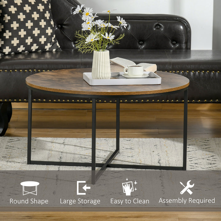 Round Coffee Table, Industrial Side Table with Metal Frame, Large Coffee Tables for Living Room, Bedroom, Rustic Brown