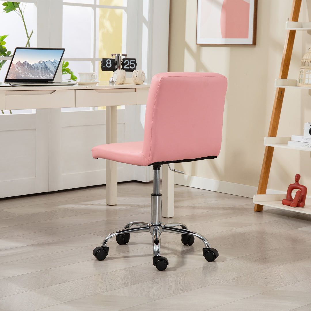 PU Leather Armless Office Chair, Modern Vanity Computer Swivel Chair with Rolling Wheels and Adjustable Height for Home Study, Bedroom, Pink