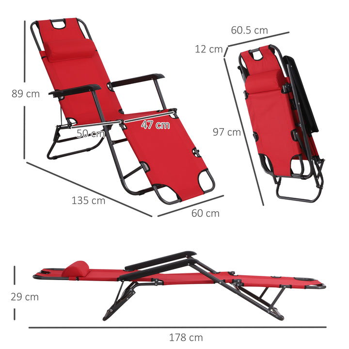 2 in 1 Folding Sun Lounger Reclining Garden Chair Set of 2 with 2-Level Adjustable Backrest, Outdoor Zero Gravity Recliner Garden Chairs with Head Pillow and Armrests, Red
