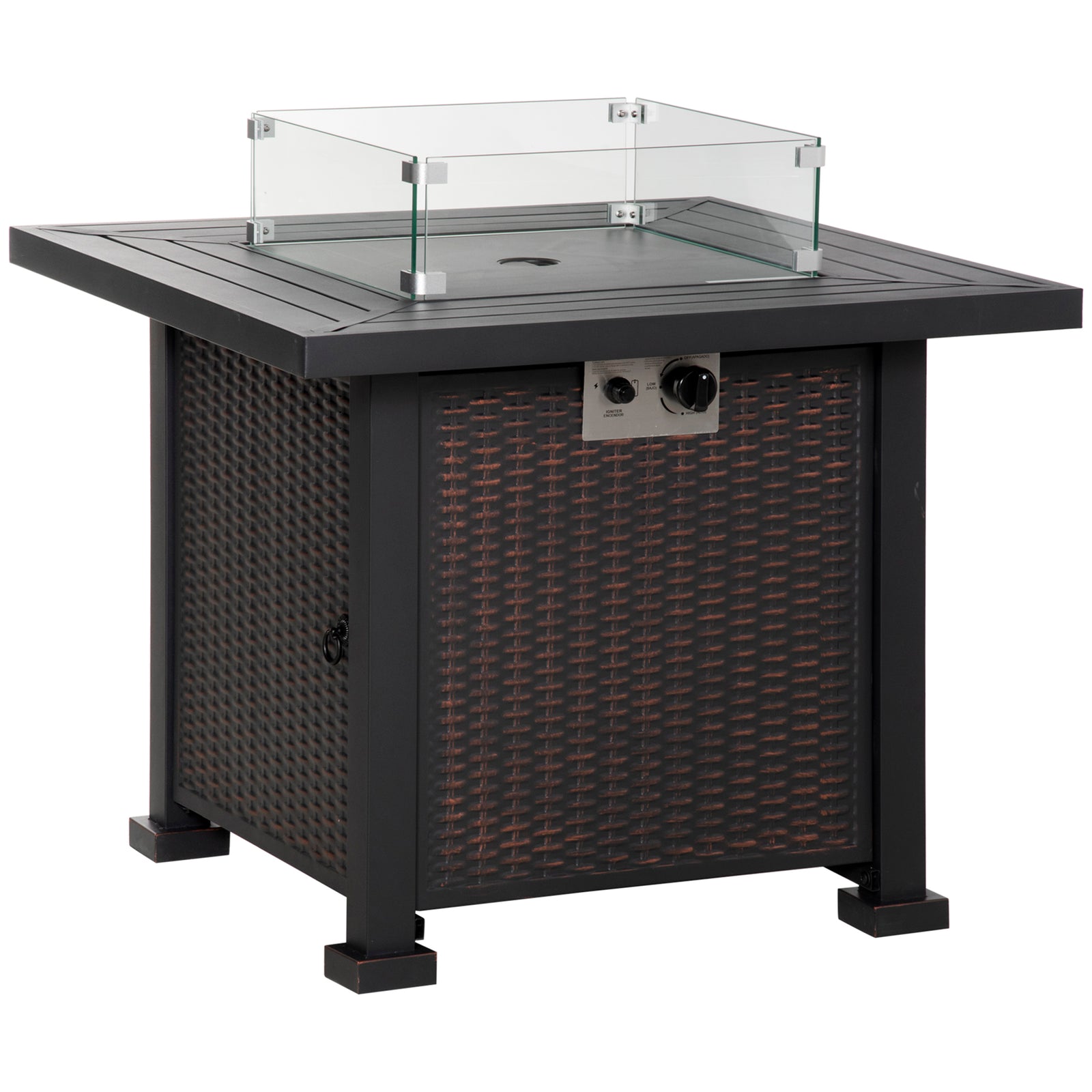 Square Propane Gas Fire Pit Table, 50000 BTU Rattan Smokeless Firepit Patio Heater with Glass Screen, Glass Beads and Lid, 81cm x 81cm x 64cm, Black
