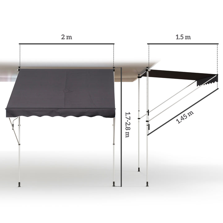 Balcony 2 x 1.5m Manual Adjustable Awning DIY Patio Clamp Awning Canopy Retractable Shade Shelter Easy to Move for Balcony, Grey