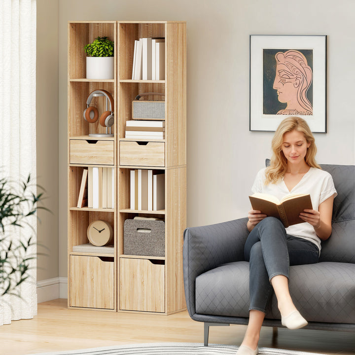 6-Tier Bookcase, Tall Narrow Bookshelf with Drawer and Door - Natural 