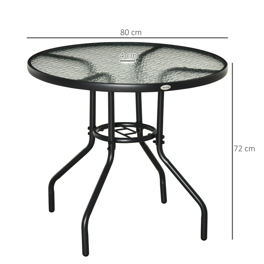 Outdoor φ80cm Round Dining Table Tempered Glass Top Steel Frame Bistro Coffee End Side Table Garden w/ Parasol Hole