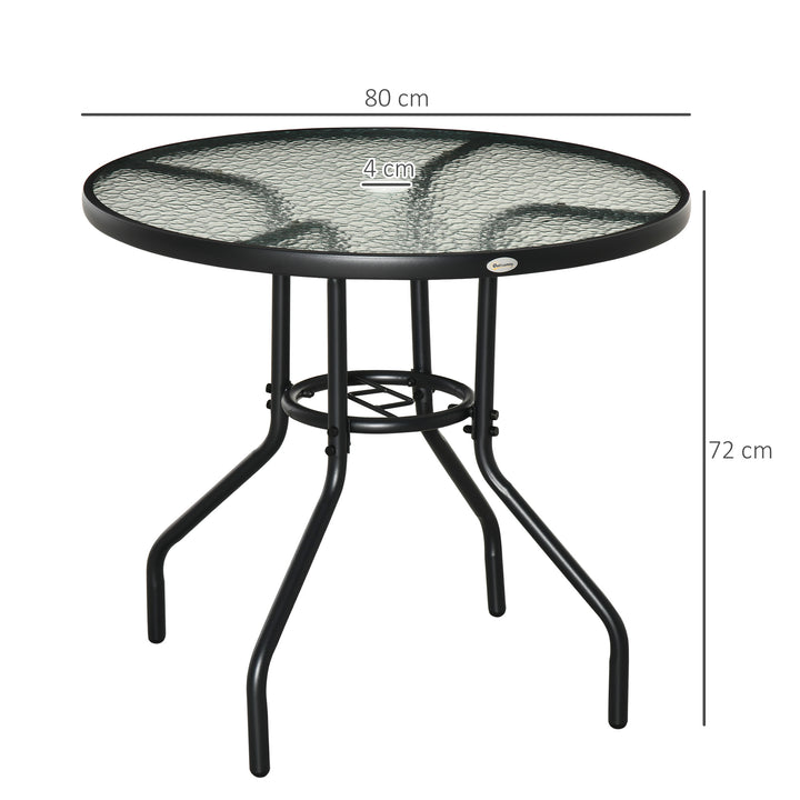 Outdoor φ80cm Round Dining Table Tempered Glass Top Steel Frame Bistro Coffee End Side Table Garden w/ Parasol Hole