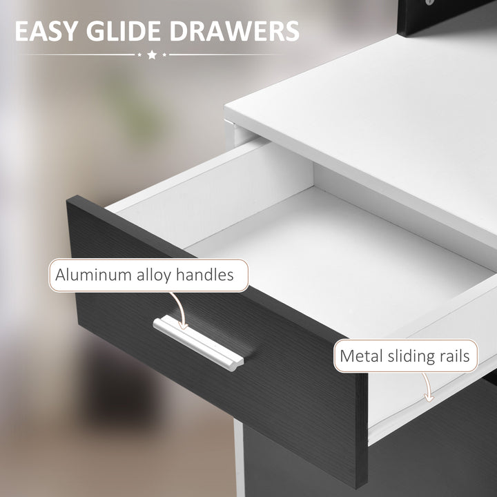 MCL Computer Desk with Drawers and Storage Shelves, Office Desk Writing Table with Printer Stand, Large Workstation for Study Play Work Home Office, 137 x 55 x 92cm, Black and White
