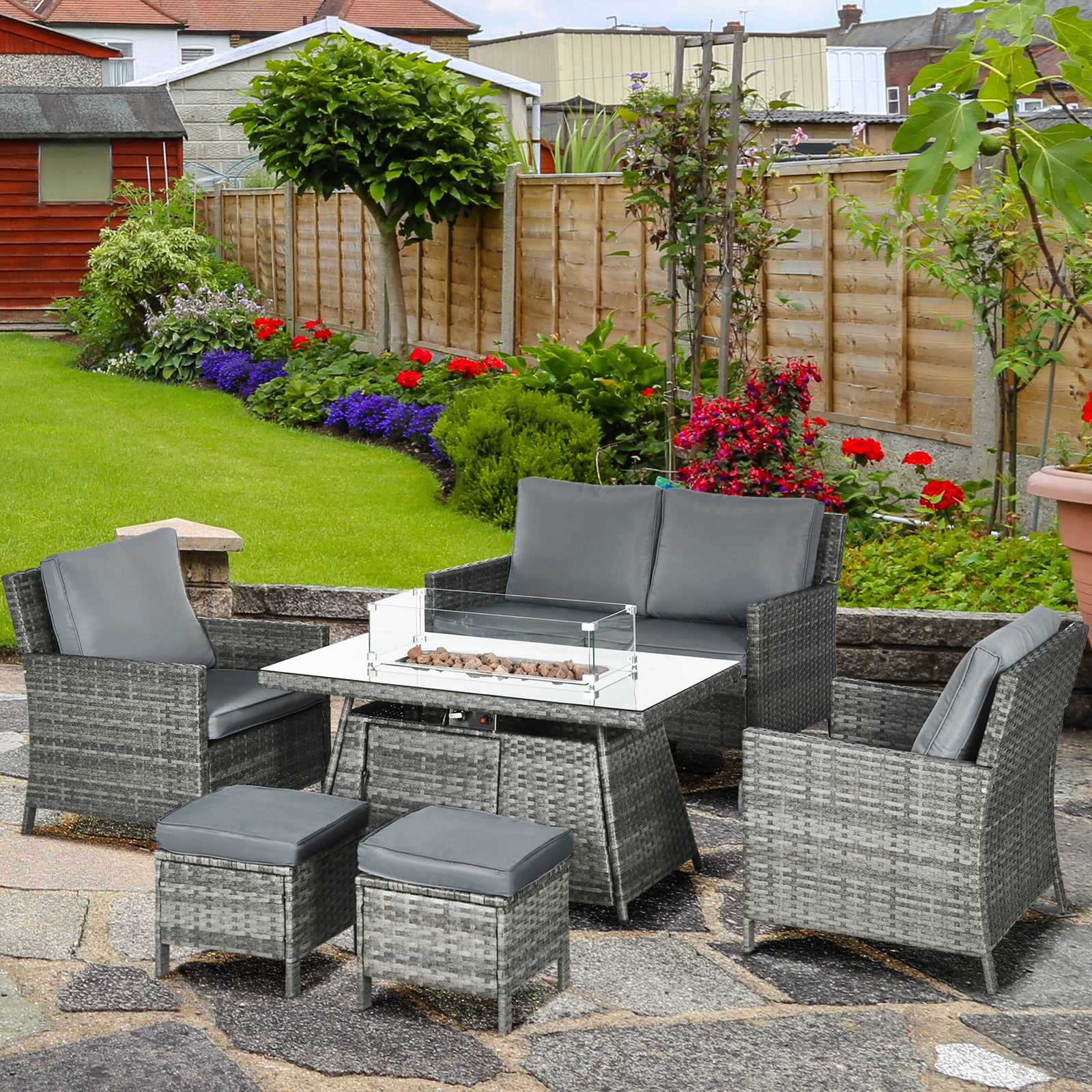 6 Seater Rattan Garden Furniture Set, Gas Fire Pit Table, Wicker Loveseat, 2 Armchairs and 2 Footstools, 6 Piece Patio Rattan furniture Sofa Sets with Cushions for Conservatory, Grey
