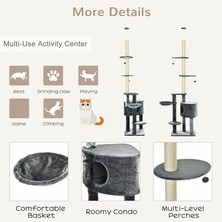 MCL Floor to Ceiling Cat Tree for Indoor Cats Play Tower Climbing Activity Center Scratching Post Platforms Condo Adjustable Height 220-265cm Dark Grey