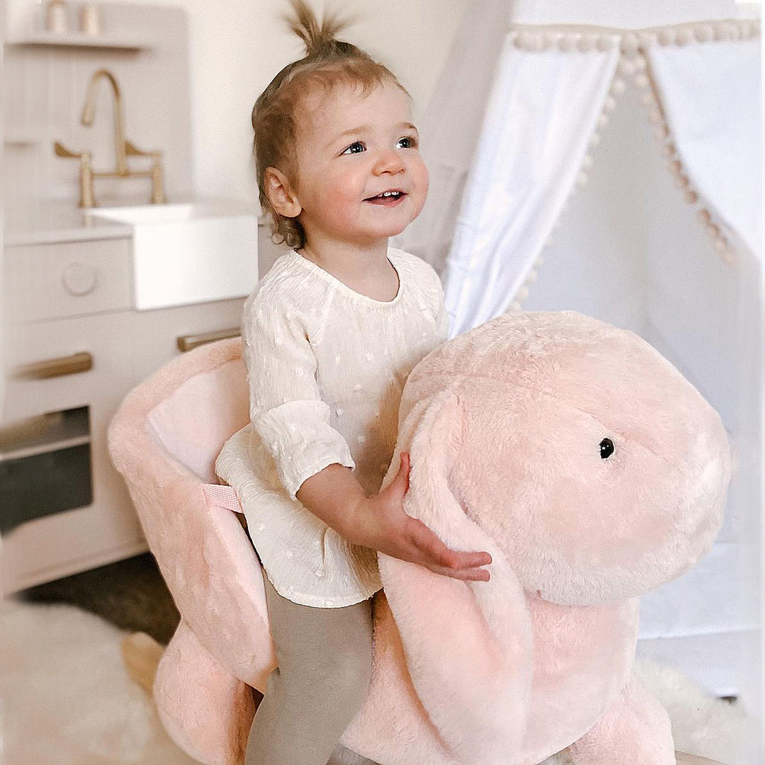 MCL Kids Rocking Rabbit, Plush Rocking Horse Ride-On w/ Sound, Wood Base, Seatbelt, for Ages 18-36 Months, Pink