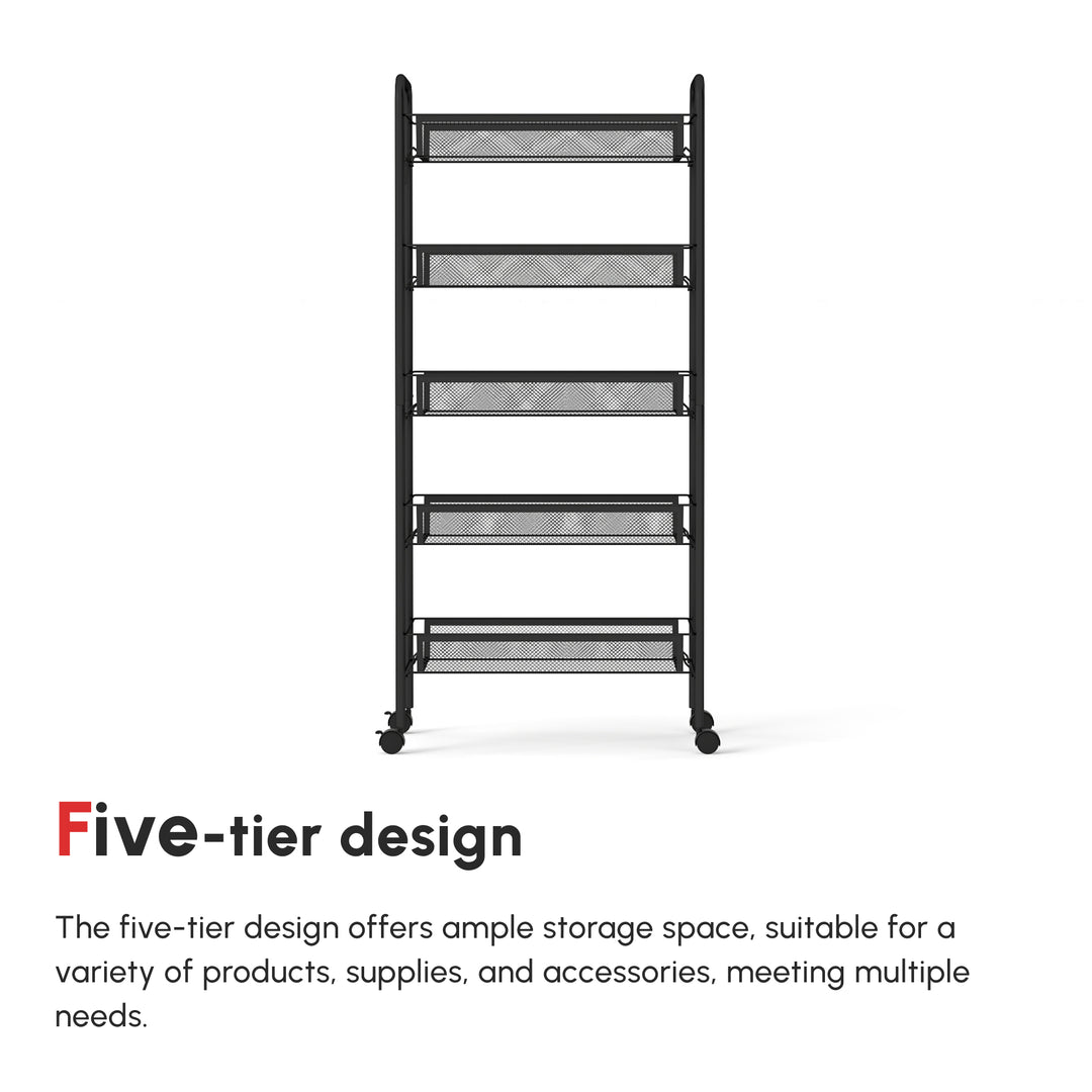 Five-Steel Mesh Basket Storage Trolley, with Wheels - Black