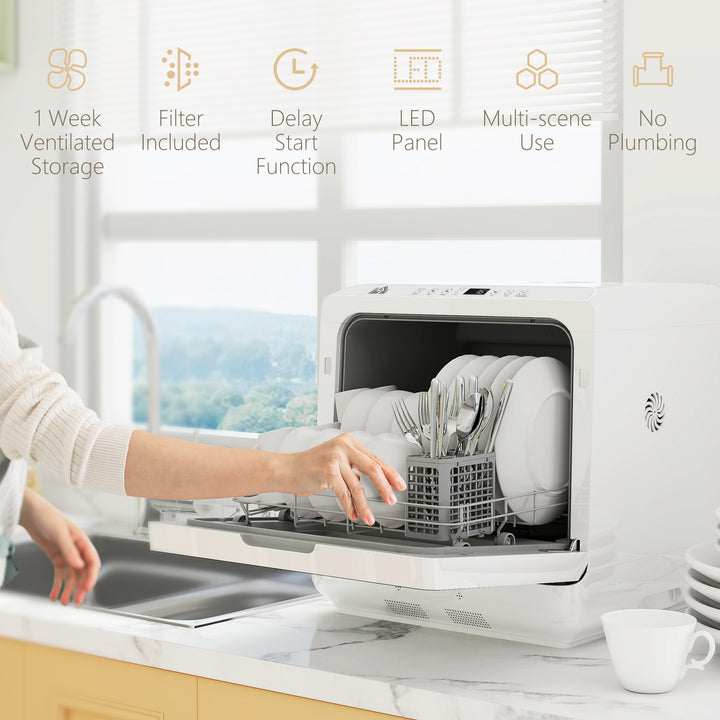 Table Top Dishwasher with Built-in 6L Water Tank, Mini Countertop Dishwasher with 6 Programs, 4 Place Settings, White