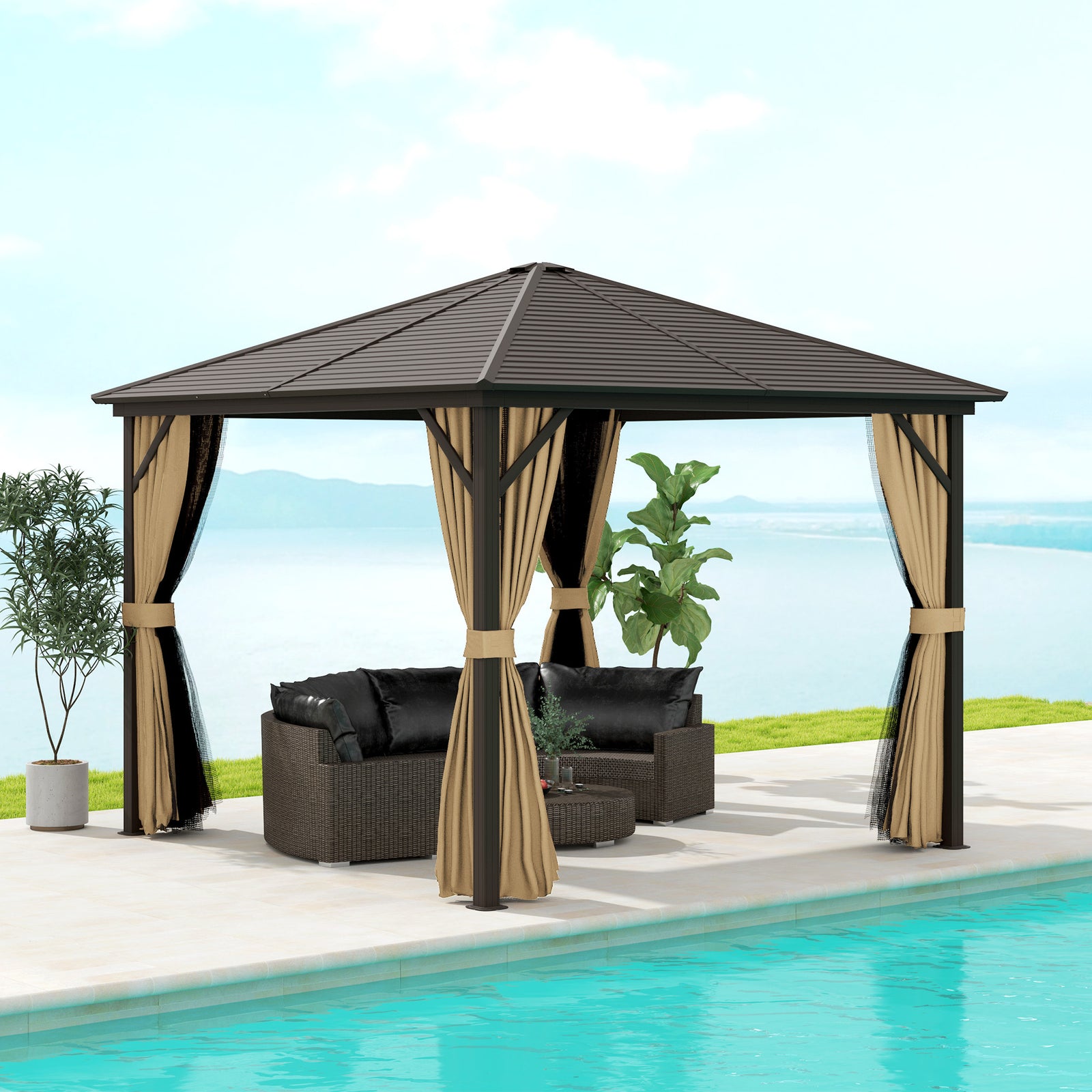 3 x 3(m) Metal Hardtop Gazebo, with Curtains and Accessories - Brown