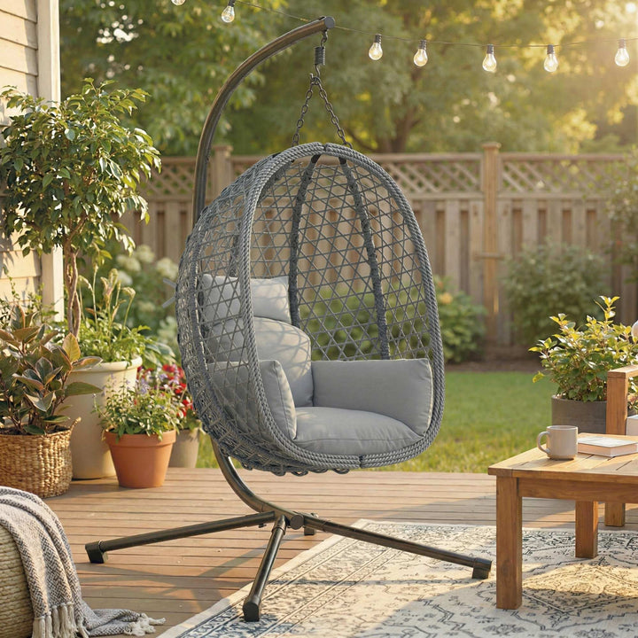 Hanging Egg Chair, Indoor Outdoor Rattan Hammock Swing Chair with Stan