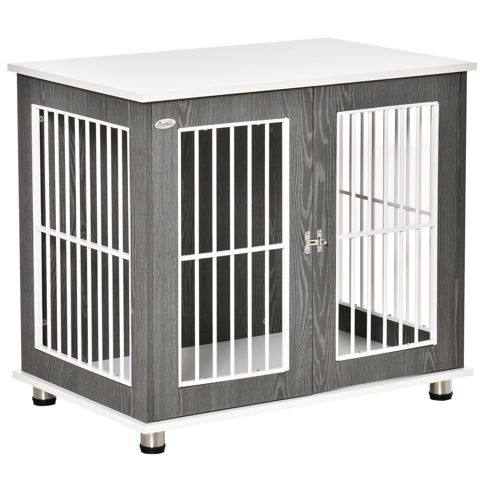 Dog Crate Wooden Pet Kennel Cage End Table w/ Lockable Door for Small Medium Dog Grey & White 85 x 55 x 75 cm