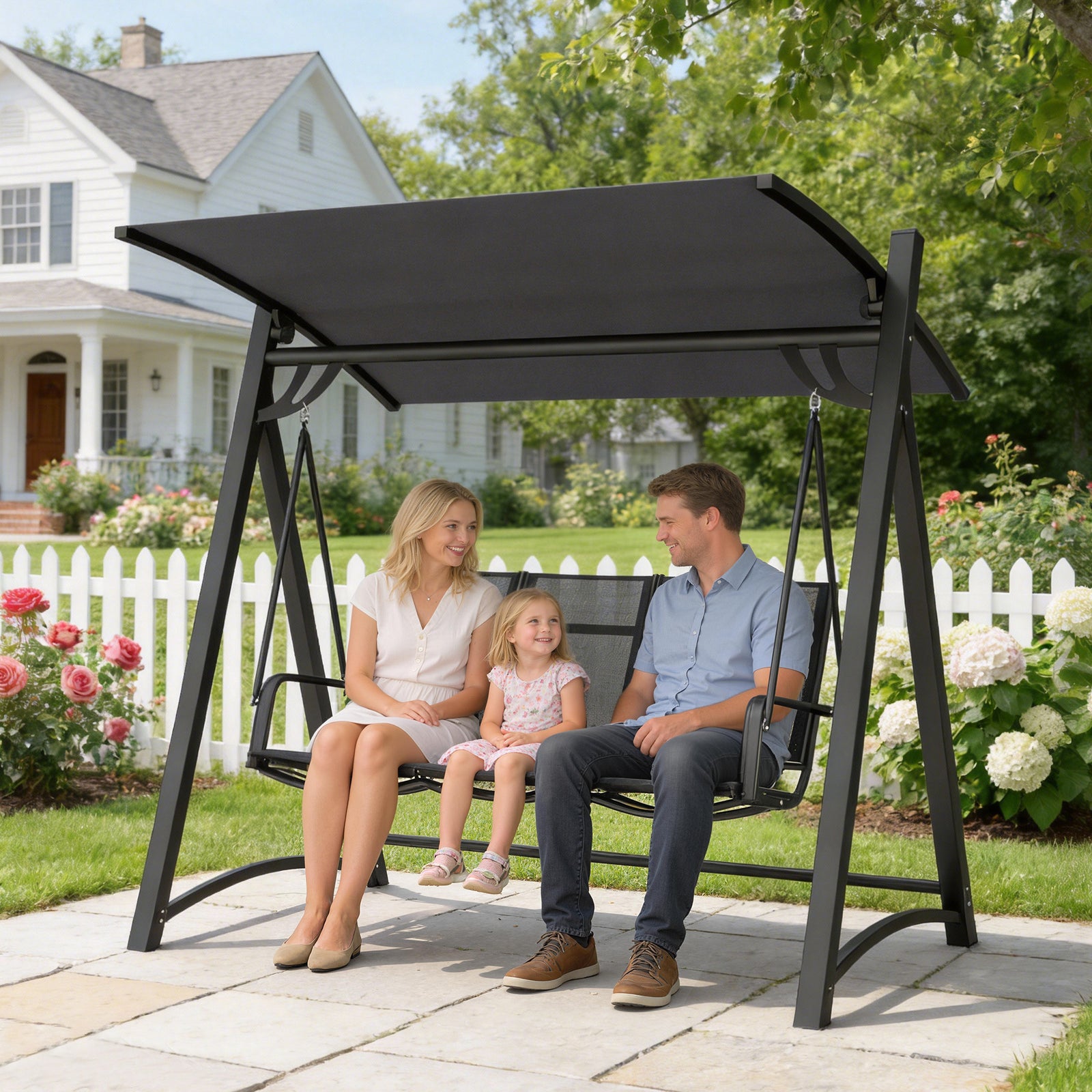 3 Seater Swing Chair, Garden Swing Bench with Adjustable Tilting Canop