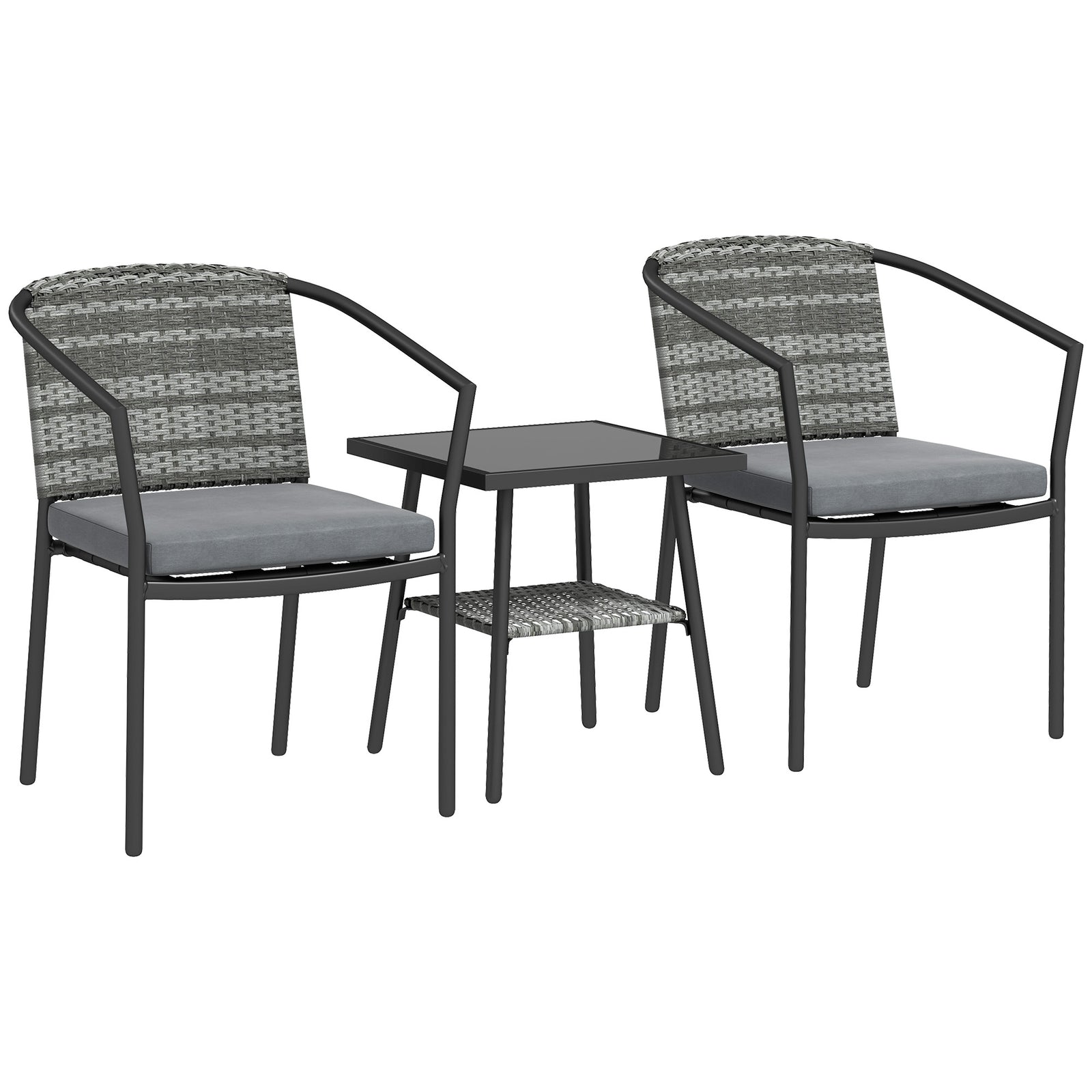 3 Pieces Rattan Bistro Set with Cushions, Wicker Garden Furniture Set, Glass Top Coffee Table and Chairs for Outdoor Patio, Balcony, Terrace and Conservatory, Grey