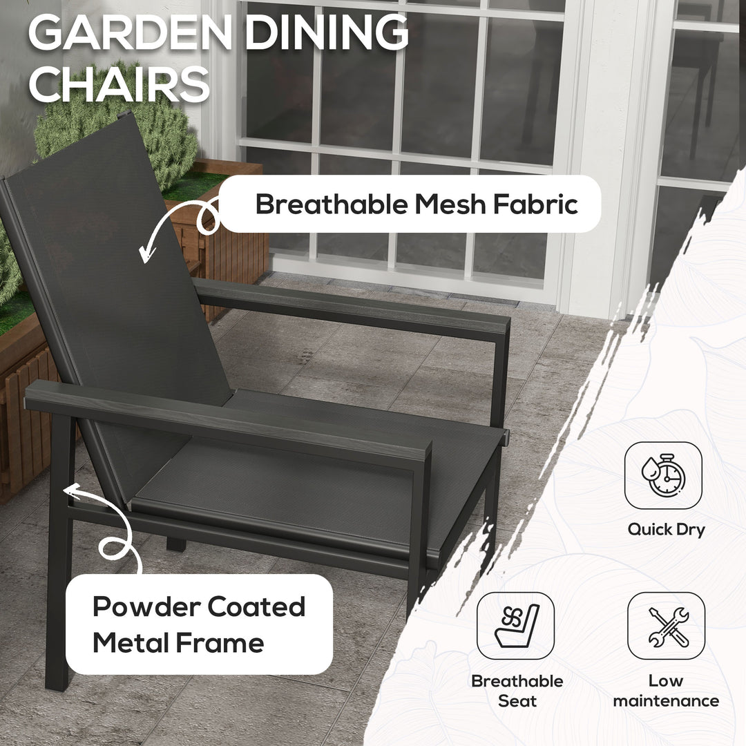 Outsunny 5 Pieces Garden Dining Set with Glass Top Dining Table, Outdoor Umbrella Hole Table and 4 Armchairs w/ Breathable Mesh Fabric Seats