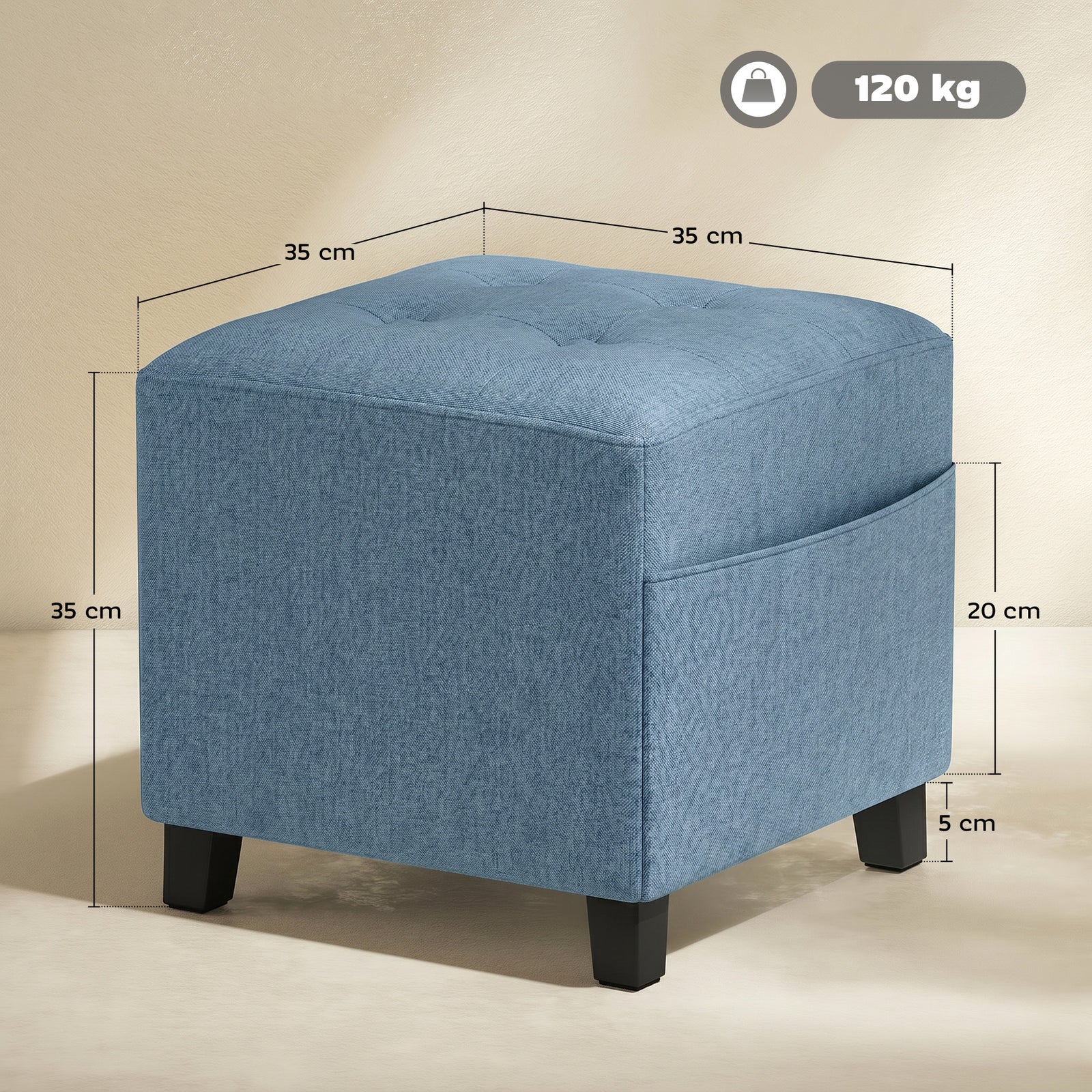 Small Ottoman, Square Footstool with Side Pocket, Rubber Wood Legs and