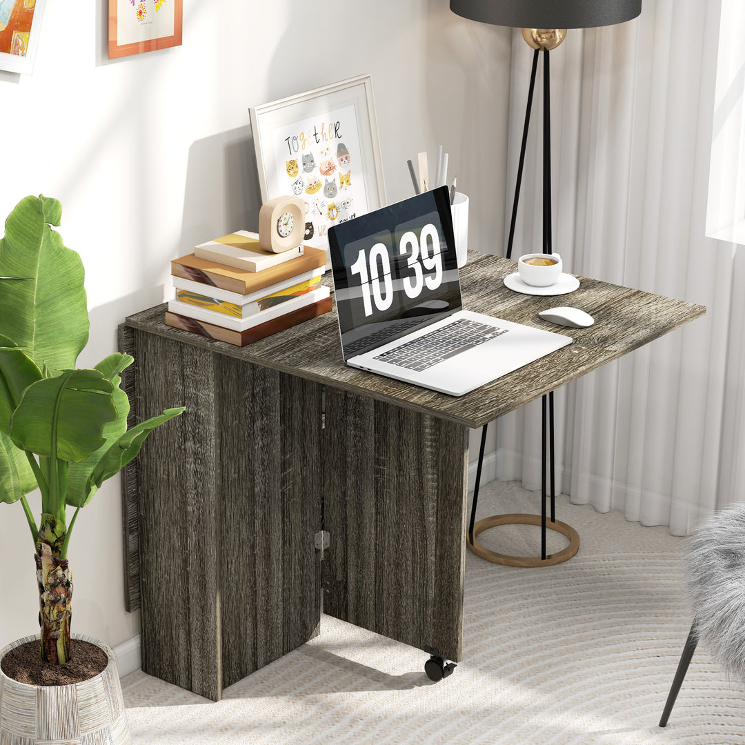 Folding Dining Table, Drop Leaf Table with 2-Tier Shelves, Rolling Casters, for Small Spaces, Kitchen, Grey