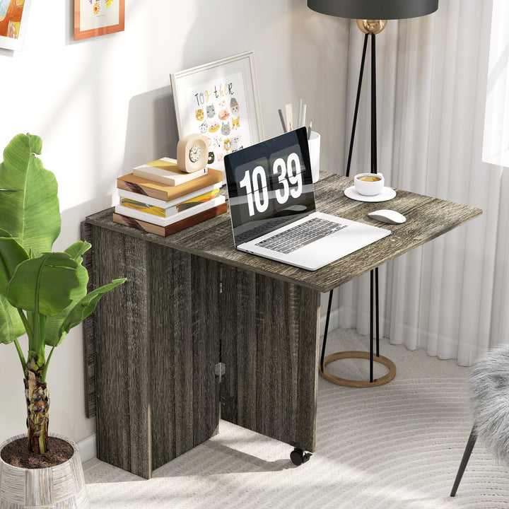 Folding Dining Table, Drop Leaf Table with 2-Tier Shelves, Rolling Casters, for Small Spaces, Kitchen, Grey