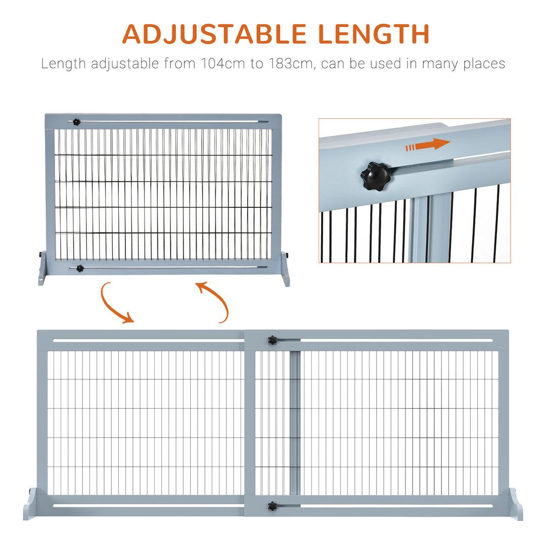 Freestanding Dog Gate, Foldable Pet Fence, Indoor Wood Barrier, Stair Gate with Support Feet, for Doorway, Hallway, Small and Medium Dogs, 69H x 104-183 cm, Blue-grey