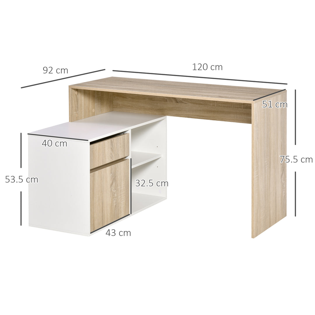 HOMCOM L-Shaped Corner Computer Desk, Oak and White Study Table with Storage Shelf, Drawer for Home Office | Aosom UK