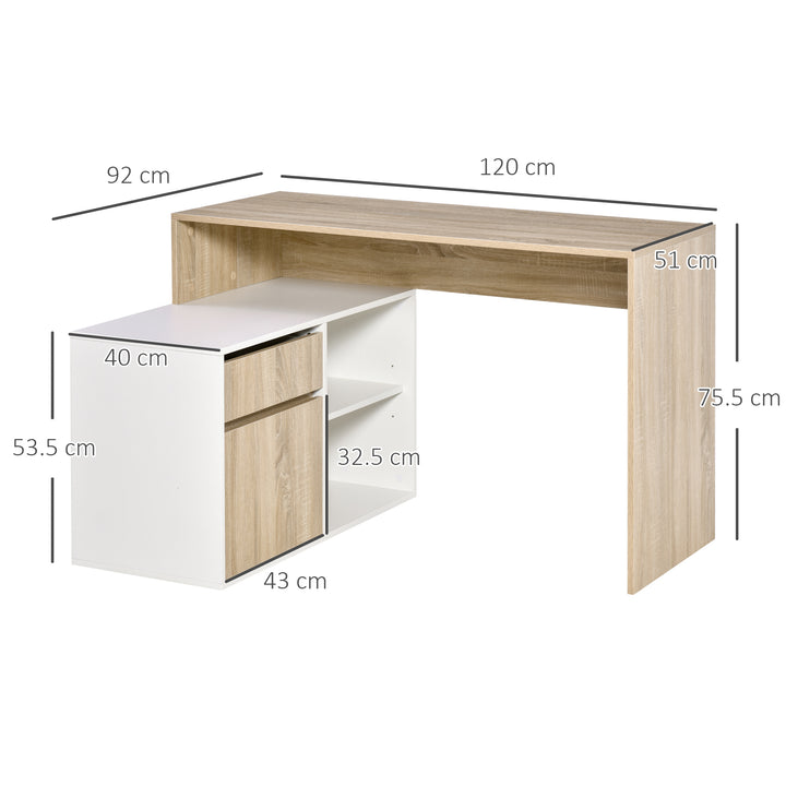 HOMCOM L-Shaped Corner Computer Desk, Oak and White Study Table with Storage Shelf, Drawer for Home Office | Aosom UK