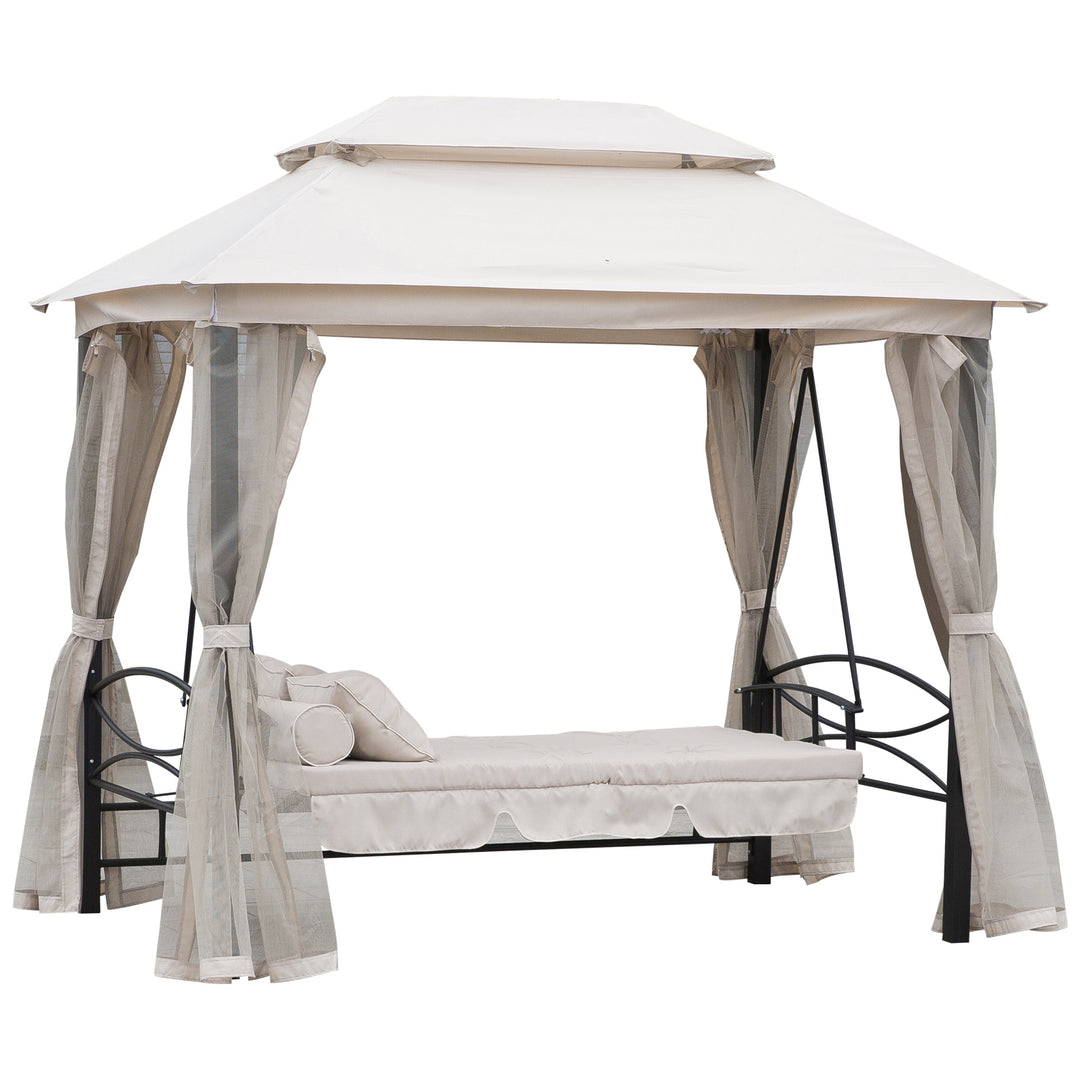 2-in-1 Convertible Gazebo Swing Chair Bed W/Netting, 245Lx165Wx243H cm-Beige/Black