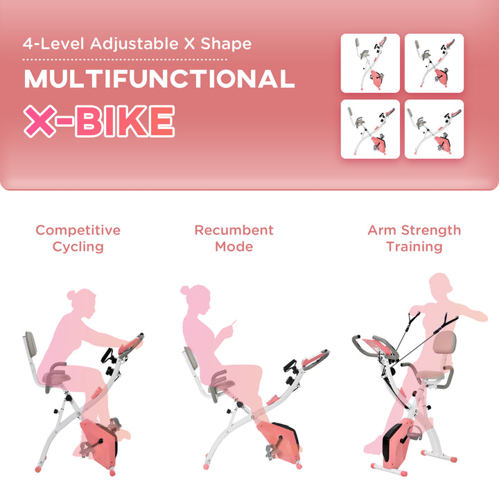 HOMCOM 2-in-1 Upright Exercise Bike Stationary Foldable Magnetic Recumbent Cycling with Arm Resistance Bands Pink | Aosom UK