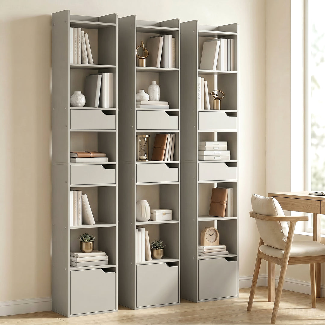 Bookcase Tall Narrow with 5 Tiers and Drawers Freestanding Bookshelf S