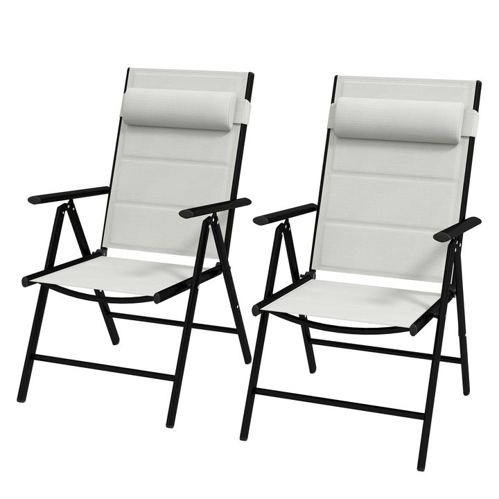 Outsunny Set of 2 Patio Folding Chairs w/ Adjustable Back, Garden Dining Chairs w/ Breathable Mesh Fabric Padded Seat, Headrest, Light Grey | Aosom UK