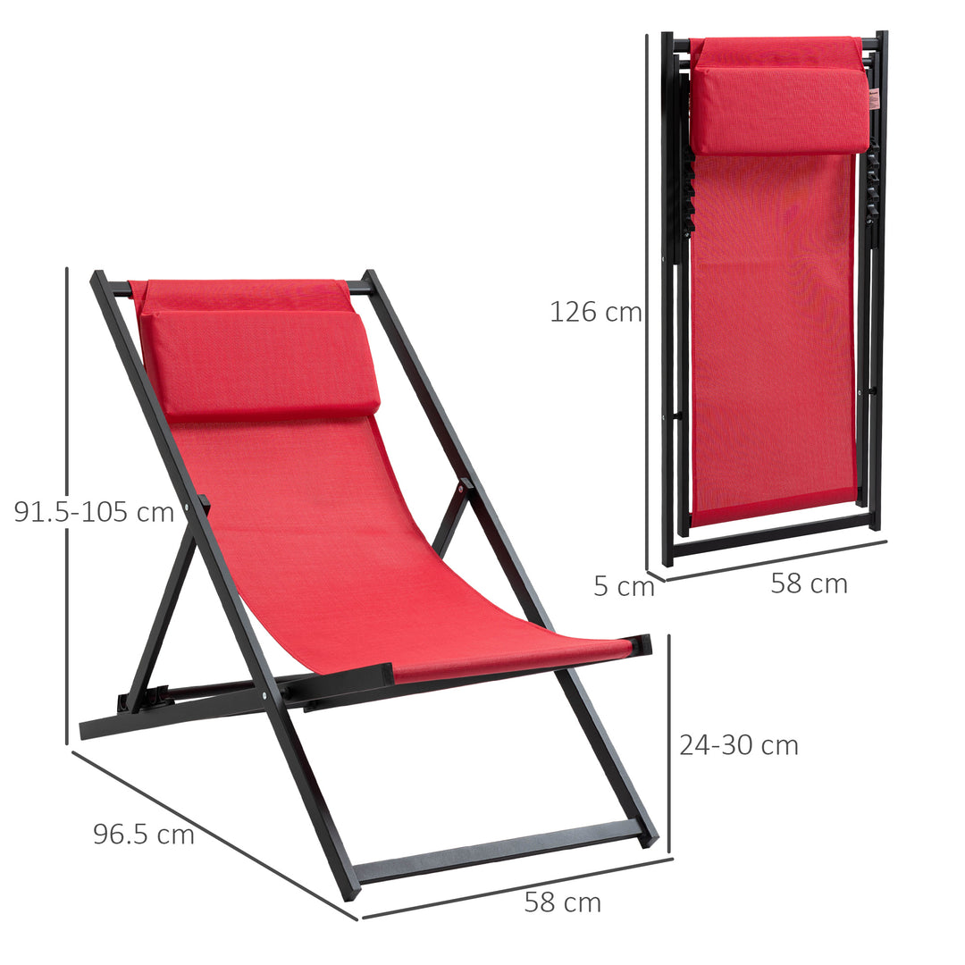 Set of 2 Folding Garden Beach Aluminium Frame Deck Chairs Deckchairs Seaside Folding Garden Patio Lounger, Red