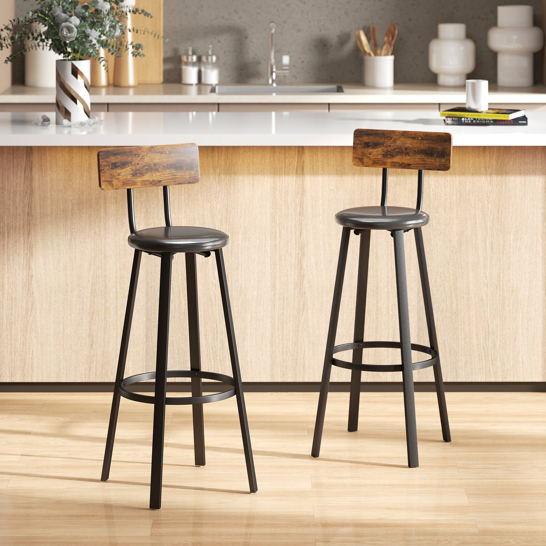 MCL Upholstered Bar Stools Set of 2 with Backrest and Footrest - Rustic Brown and Black