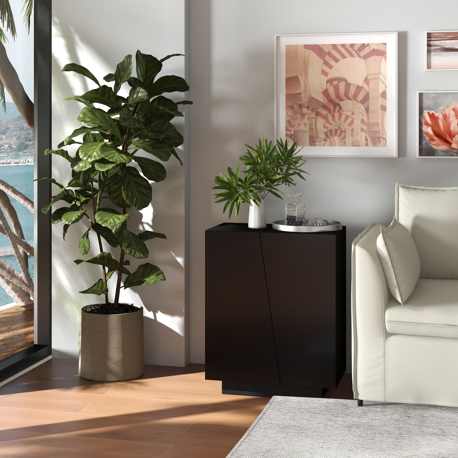 High Gloss Storage Cabinet, Freestanding Storage Cupboard with Adjustable Shelves for Living Room, Bedroom, Hallway, Black