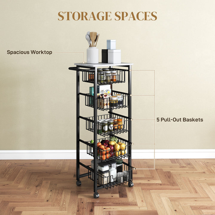 Five Basket Mobile Kitchen Island, with Brakes - Grey/Black