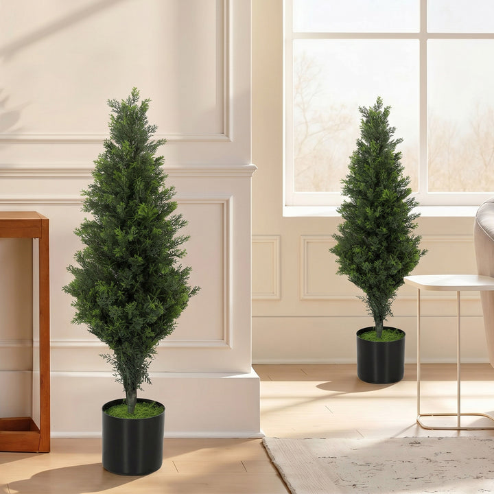 Set of 2 Decorative Artificial Plants Cypress in Weighted Pot, Fake Pl