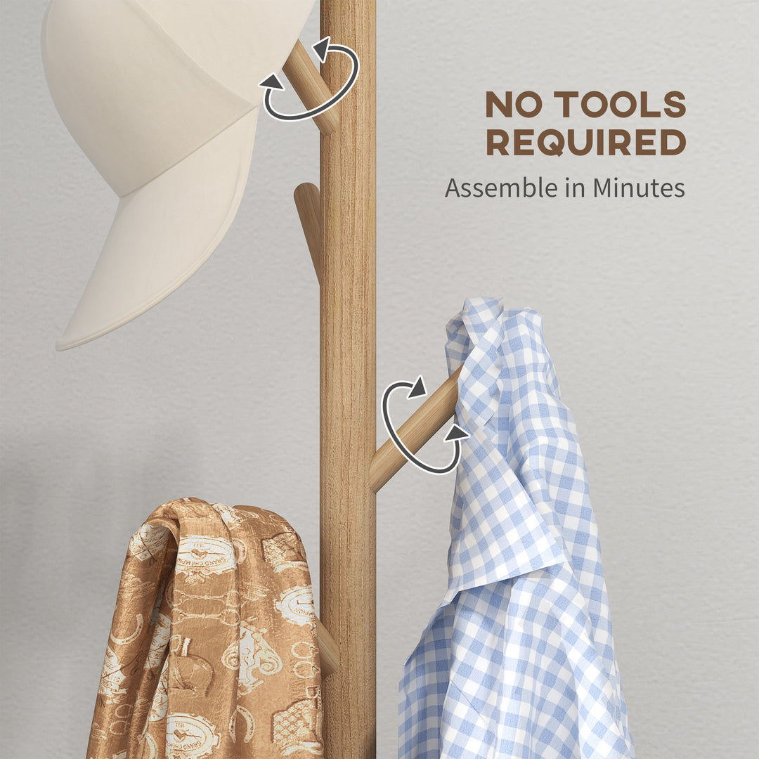 HOMCOM Eight-Hook Wooden Coat Rack - Natural | Aosom UK