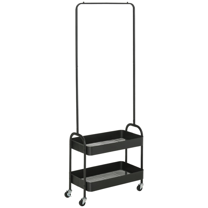 HOMCOM Freestanding Metal Clothes Rail with Shoe Storage, Coat Stand on Wheels, 2-Tier Hall Tree with Shelves, Black | Aosom UK