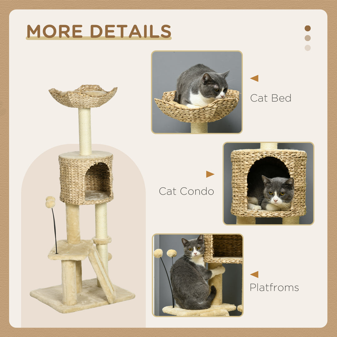 PawHut Cat Tree Tower with Scratching Posts, Cosy House, Bed, Interactive Toy Ball, Multi-Level, Beige | Aosom UK