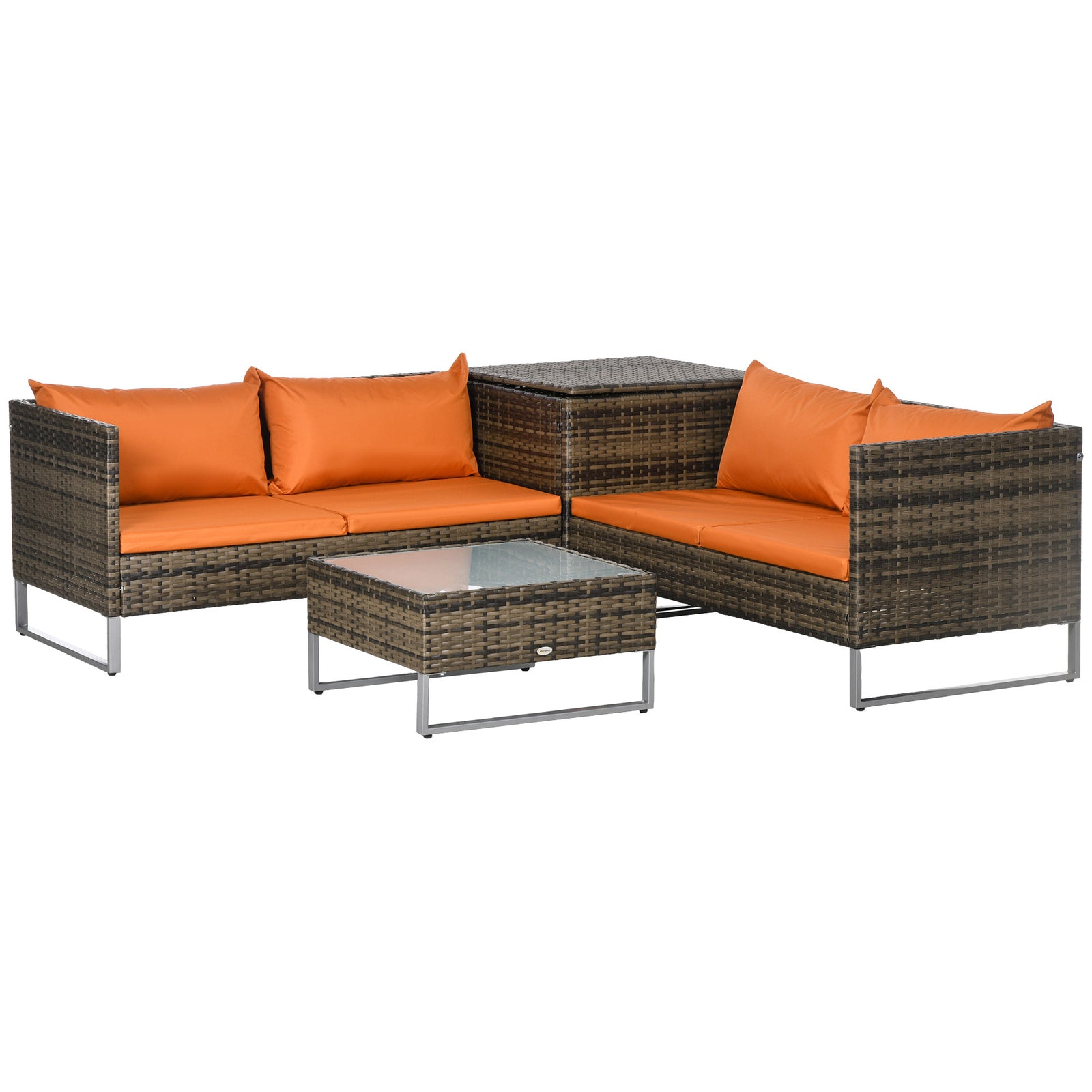 Four-Piece Rattan Sofa Set, with Storage Table - Orange/Brown