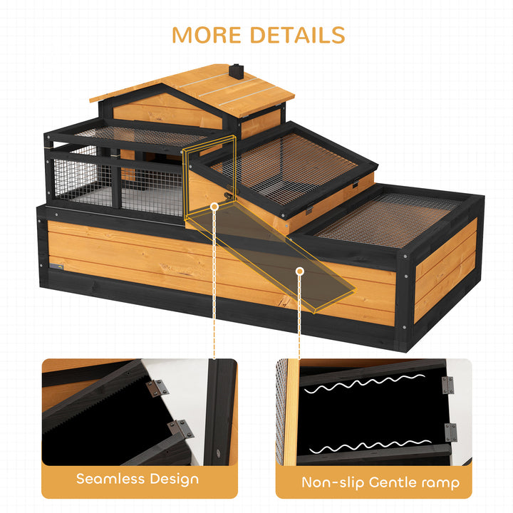 Wooden Tortoise House with Balcony, Tray, Roof, for Indoor and Outdoor, Yellow