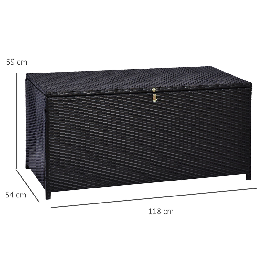 MCL 284 L Rattan Garden Storage Box, Outdoor Garden Storage Box with Gas Lift and Lockable Lid, Outdoor Wicker Rattan Chest Container for Garden Tools, 118 x 54 x 59 cm, Dark Brown