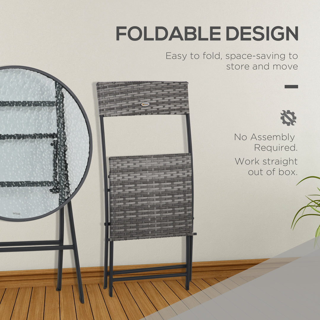 3 Pieces Rattan Bistro Set, Wicker Folding Garden Furniture Set with Glass Top Coffee Table and Chairs for Outdoor, Patio, Balcony, Grey